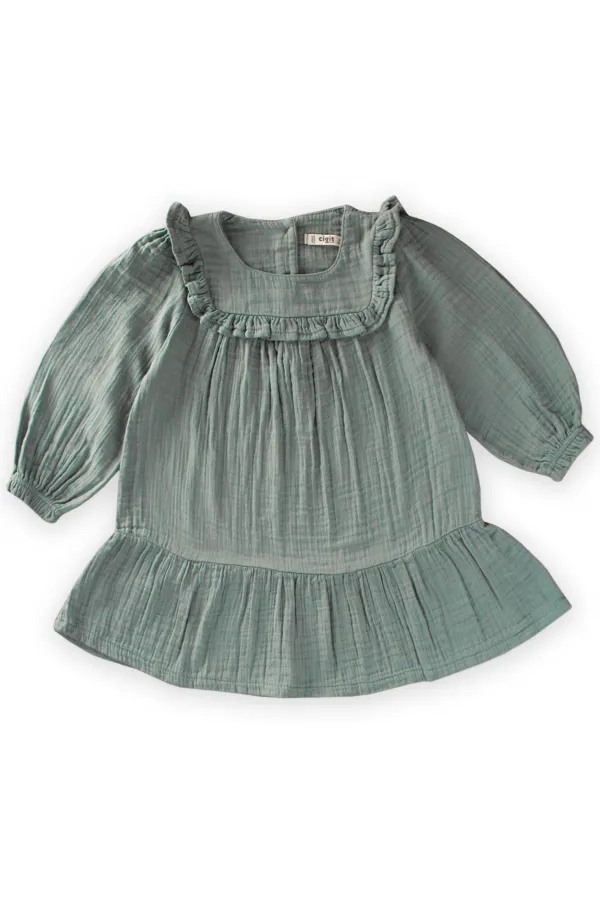 Robası Fırfırlı Mevsimlik Müslin Elbise 2-9 Yaş Çağla Yeşil
