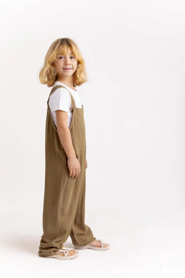 Salopette en lin à jambes larges, couleur caramel, 2-7 ans
