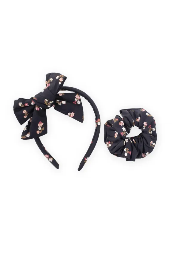 Crown Bow Elastic Hair Clip Set Navy Blue Floral