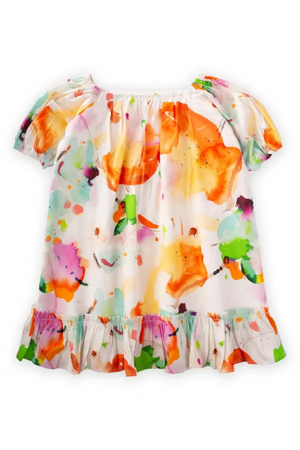 Yaka Kol Lastikli Poplin Elbise 2-7 Yaş Ekru Desenli