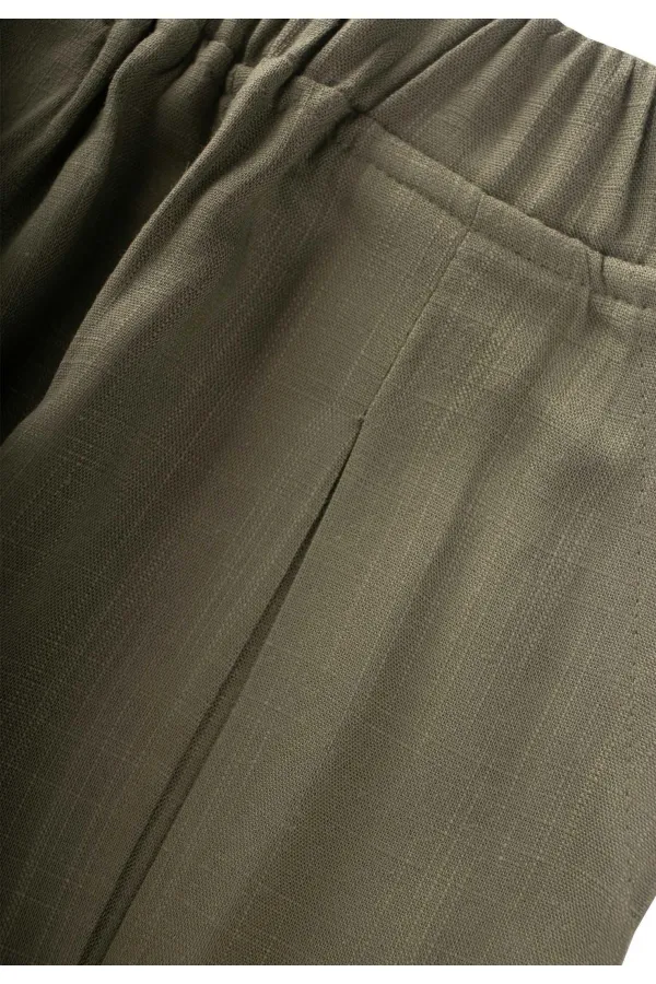 A Pleated Linen Trousers with Closed Legs and Waist, Khaki Green for Ages 2-7