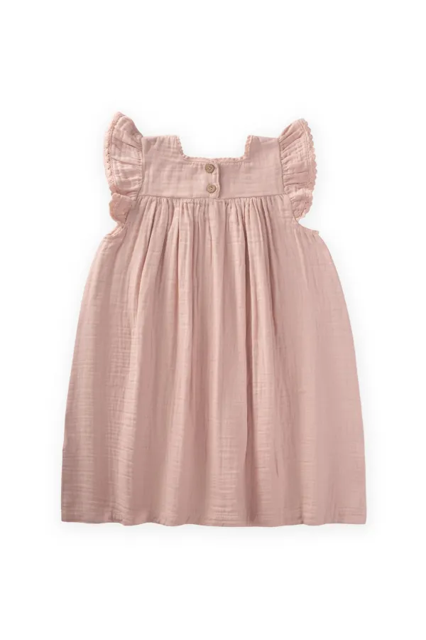 Nakışlı Organik Müslin Elbise 2-8 Yaş Pudra Pembe