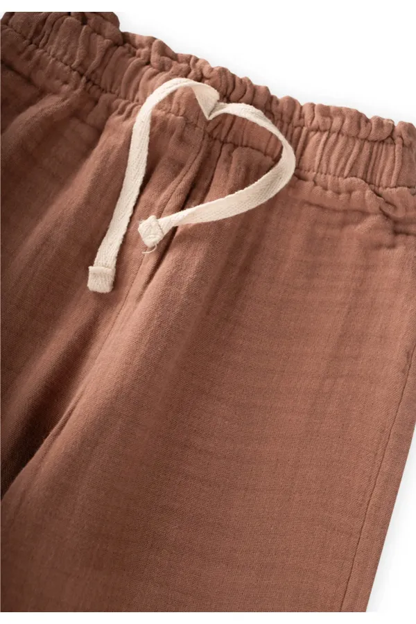 Organic Wide-Fit Muslin Trousers with Ruffled Waistband, Ages 1-8, Light Brown Organic Wide-Fit Muslin Trousers with Ruffled Waistband, Ages 1-8, Light Brown