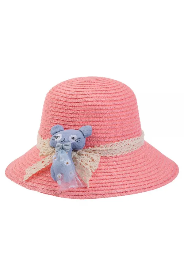 Kedili Hasır Kız Şapka 1-3 Yaş Pembe