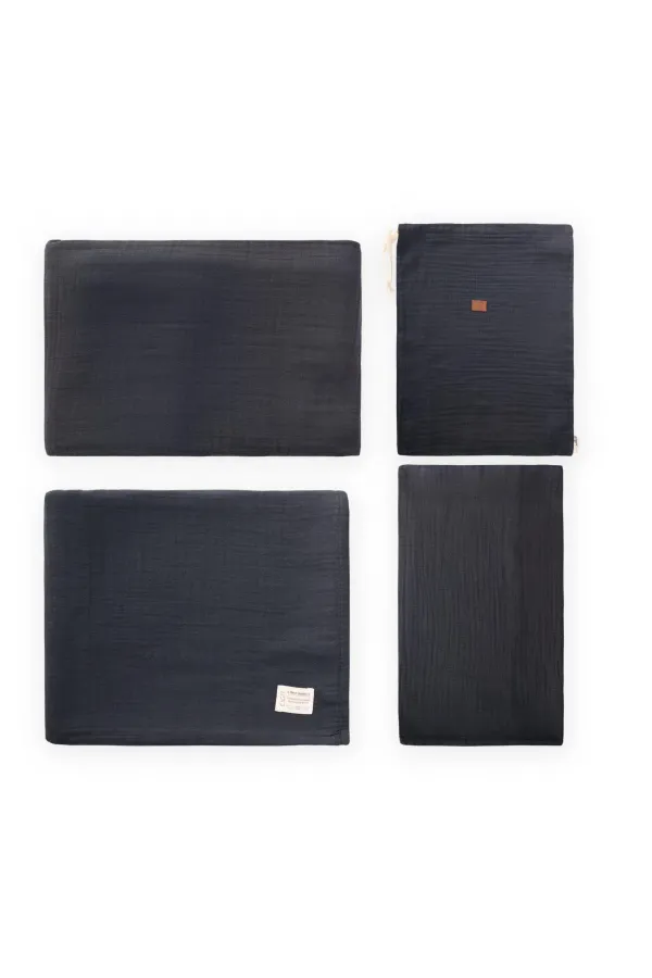 Parure de lit en mousseline avec pochette 100 x 135 cm +/- 3 cm, drap 120 x 150 cm, taie d'oreiller 35 x 45 cm, coloris fumé