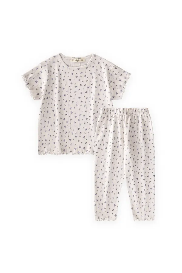 Desenli Pijama Takımı 1-8 Yaş Lila Çiçek Desen