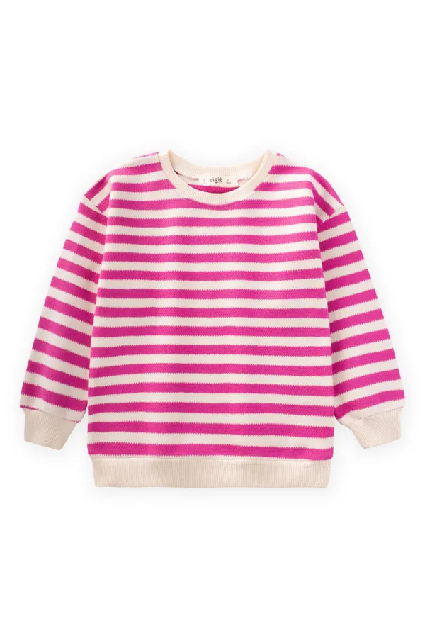 Balıksırtı Çizgili Triko Sweatshirt 2-10 Yaş Fuşya
