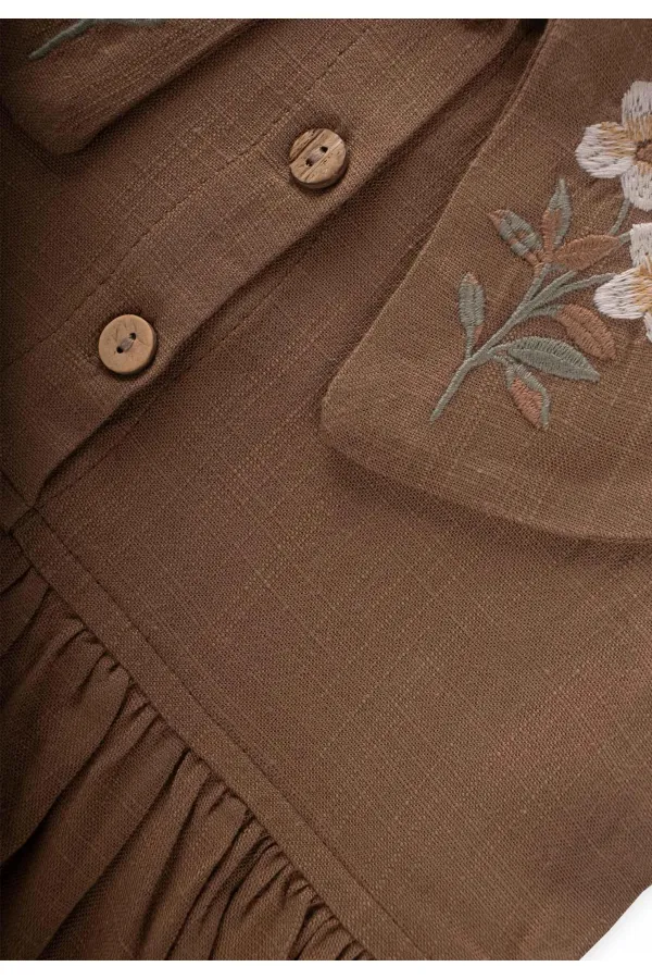 Robe en lin à col brodé, couleur caramel, 2-7 ans