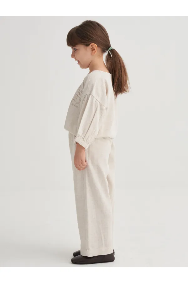 Wide-leg Trousers Embroidered Linen Set, Ages 2-7, Natural