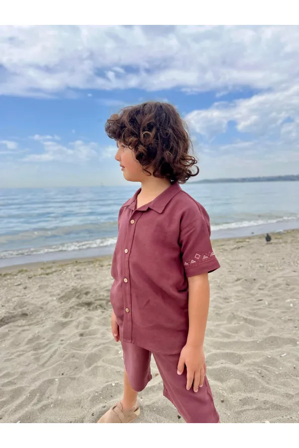 Kolları Nakışlı Gömlek Şort Keten Takım 2-7 Yaş Mürdüm