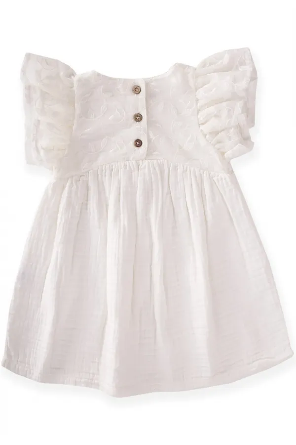 Yaprak Desen Tül Garnili Müslin Elbise 2-8 Yaş Ekru