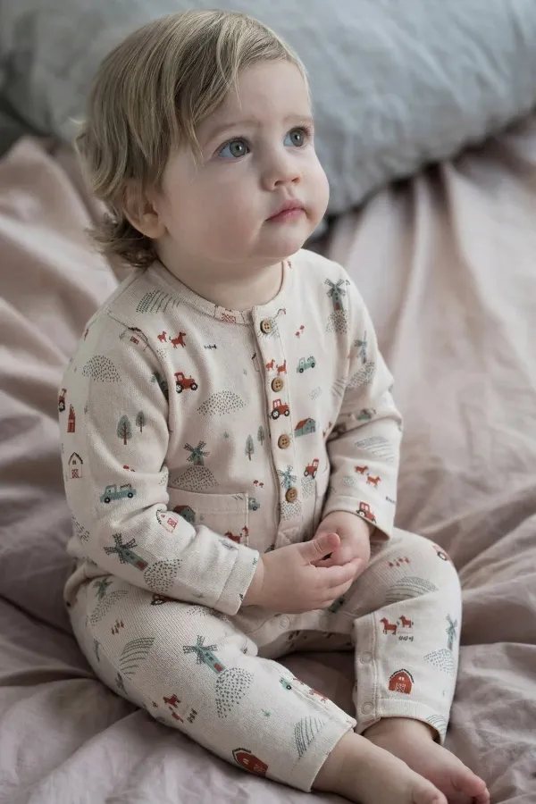 Baskılı Tulum 0-3 Yaş Bej