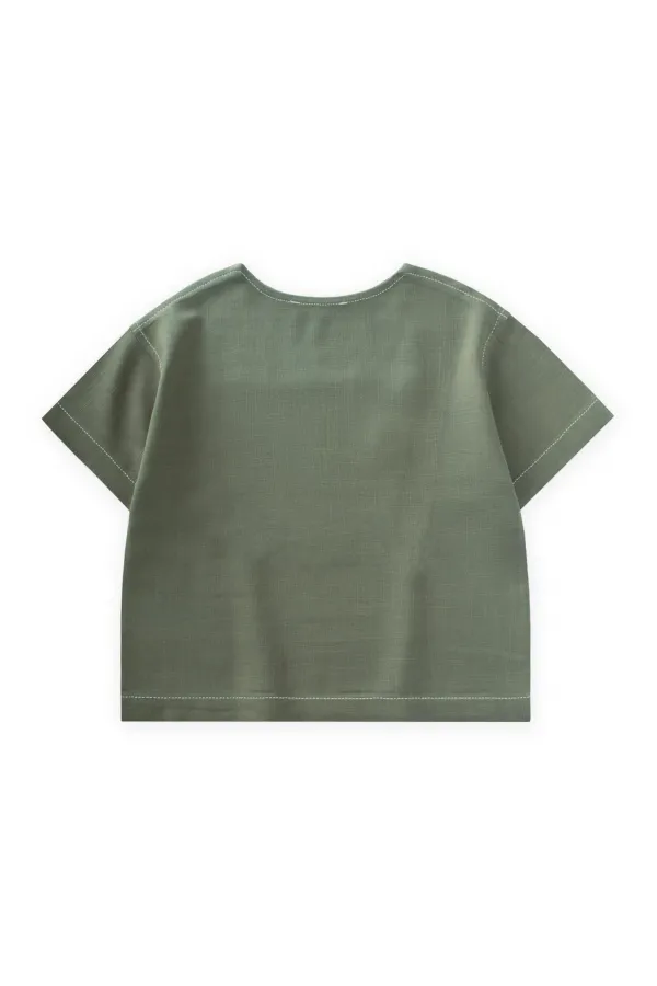 Kontrast Dikişli Keten Bluz 2-7 Yaş Haki Yeşil