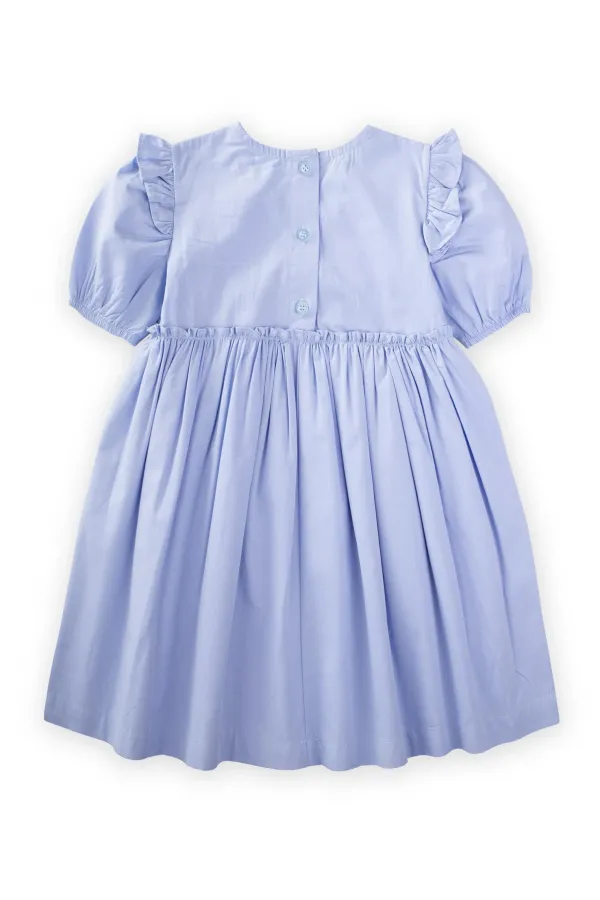 Robadan Fırfır Büzgülü Poplin Elbise 2-7 Yaş Mavi