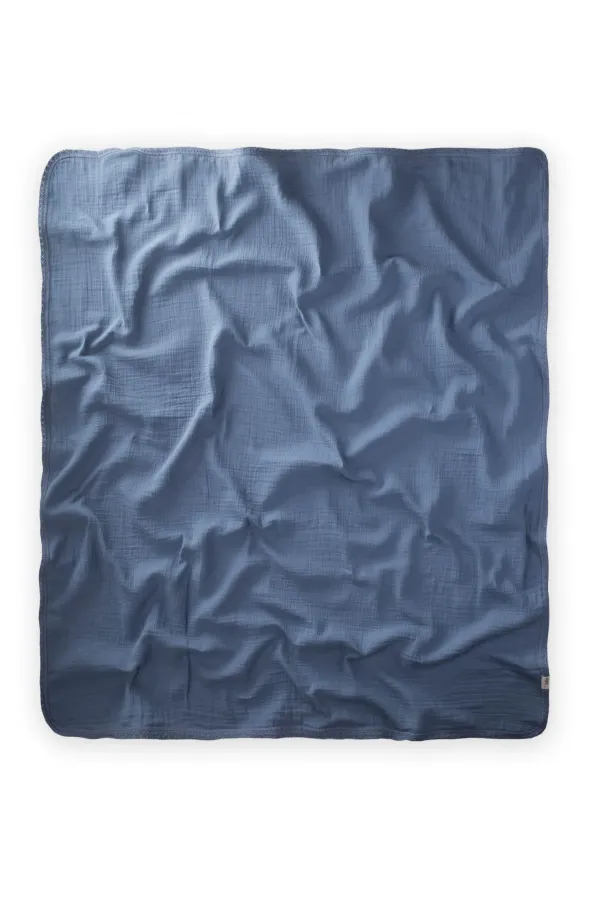 Couverture en mousseline simple épaisseur brodée de dentelle 100 x 100 cm +/- 3 cm Bleu indigo