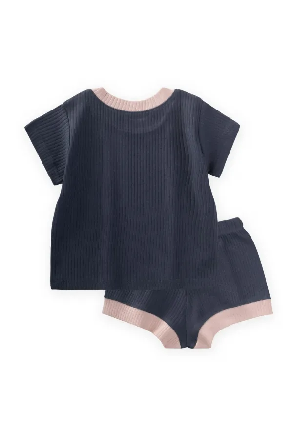 Bird Embroidered Garnished Corduroy Suit 0-5 Years Old Navy Blue