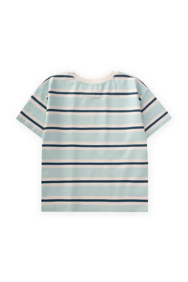 T-shirt à larges rayures brodées pour enfants de 2 à 10 ans, rayures turquoise et bleu marine