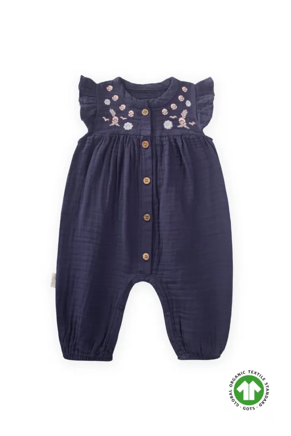 Organik Nakışlı Müslin Tulum 0-3 Yaş Lacivert