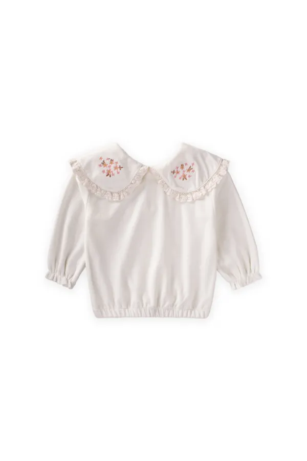 Top vintage en velours avec col en dentelle, 2-8 ans, blanc