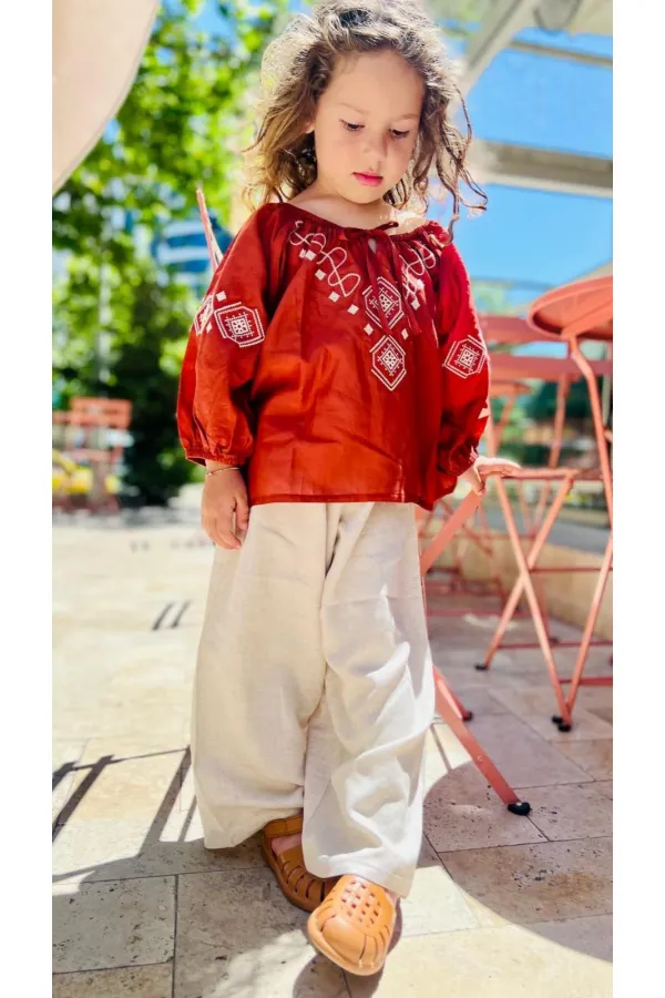 Kol Ve Ön Nakışlı Keten Pantolon Takım 2-7 Yaş Taba