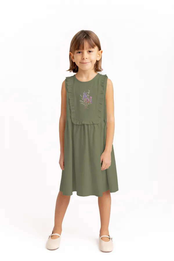 Robe rectangulaire en lin brodé pour enfant de 2 à 7 ans, vert kaki