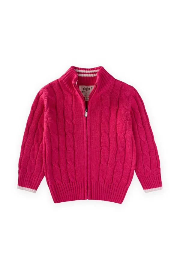 Saç Örgü Triko Hırka 2-11 Yaş Fuşya