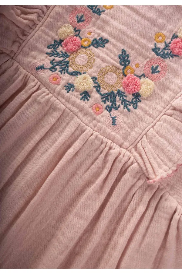 Robe ethnique brodée en coton biologique, 1 à 7 ans, rose poudré