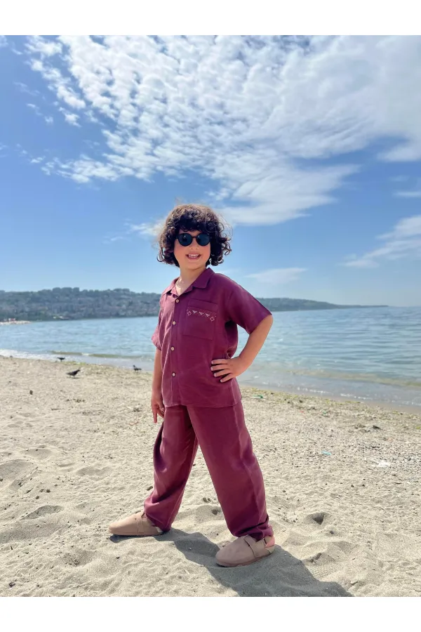 Ensemble chemise et pantalon en lin brodé à poches pour enfants de 2 à 7 ans, couleur prune