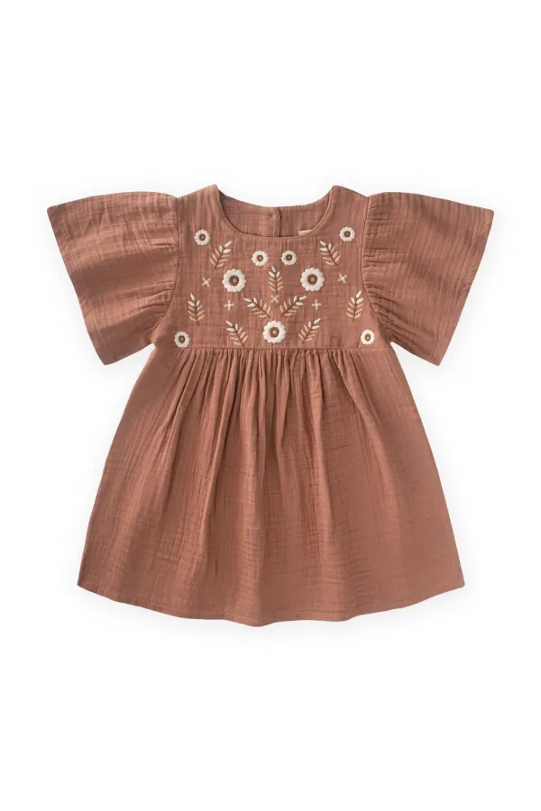Robe à manches papillon brodée de fleurs, 2-8 ans, marron clair