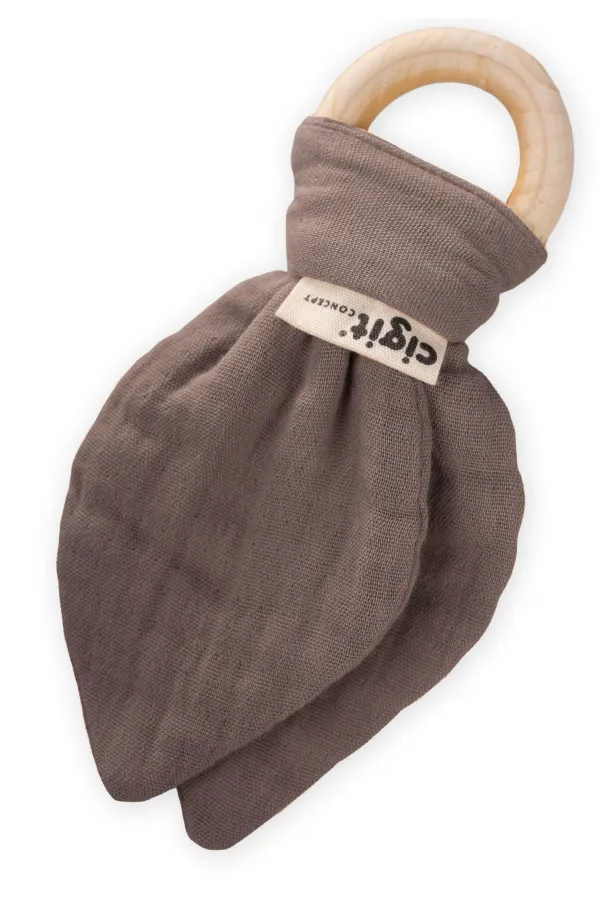 Jouet de dentition en tissu mousseline de bois aux tons naturels