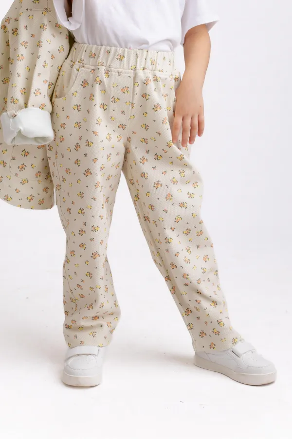 Çiçekli Gabardin Pantolon 2-7 Yaş Ekru Çiçekli