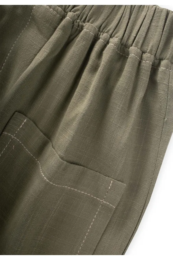 Pantalon en lin à surpiqûres contrastées pour enfants de 2 à 7 ans, vert kaki