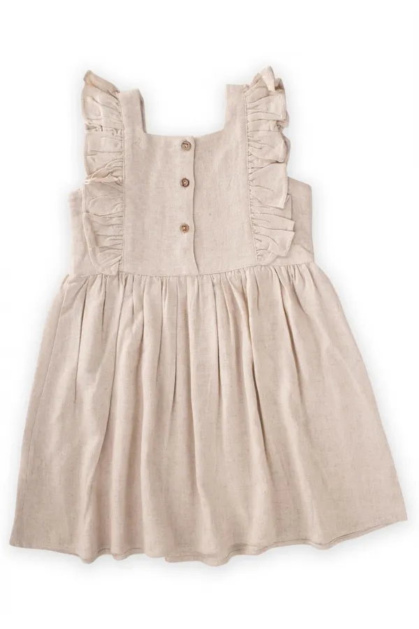 Kare Yaka Yazı Taşlı Keten Elbise 2-7 Yaş Naturel