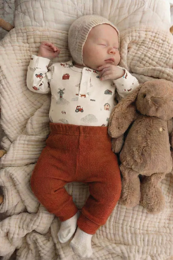 Farm Patterned Bodysuit Set for 0-3 Years Old Beige