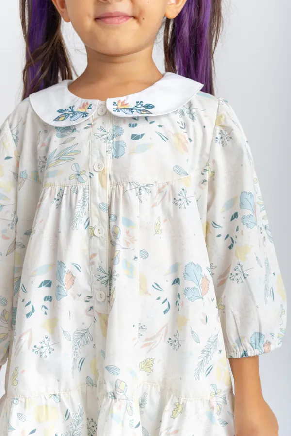 Robe en popeline brodée à col bébé pour enfants de 2 à 7 ans, motif écru