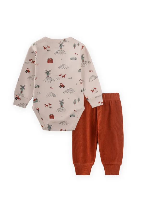 Farm Patterned Bodysuit Set for 0-3 Years Old Beige