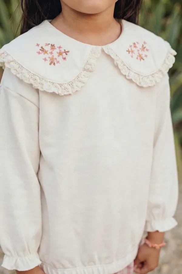 Top vintage en velours avec col en dentelle, 2-8 ans, blanc