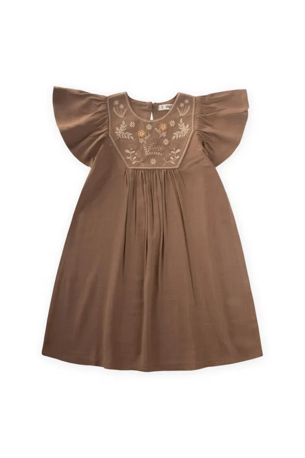 Robe en lin brodé pour enfants de 2 à 7 ans, couleur caramel