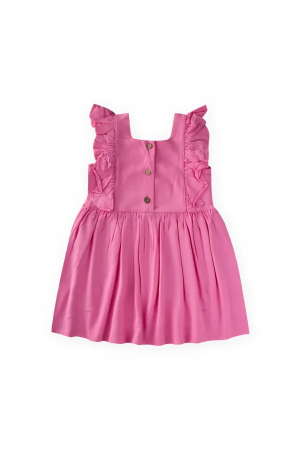 Square Neck Linen Dress with Rhinestone Embellishment, Ages 2-7, Pink
