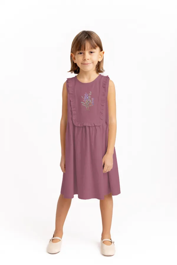 Robe rectangulaire en lin brodé pour enfant de 2 à 7 ans, couleur prune