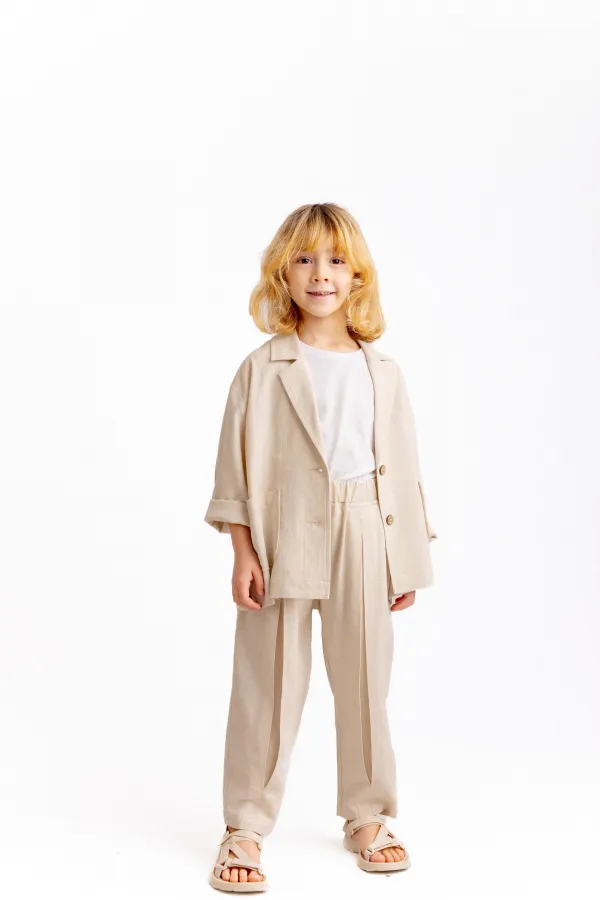 Pantalon en lin plissé, jambes et taille fermées, 2-7 ans, naturel