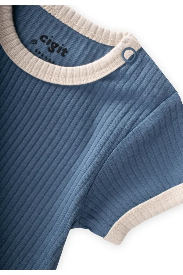 Shoulder-Cruffled Bodysuit with Piped Trim, 0-3 Years, Indigo Blue