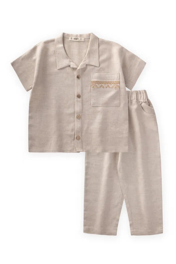 Ensemble chemise et pantalon en lin brodé, couleur naturelle, 2-7 ans
