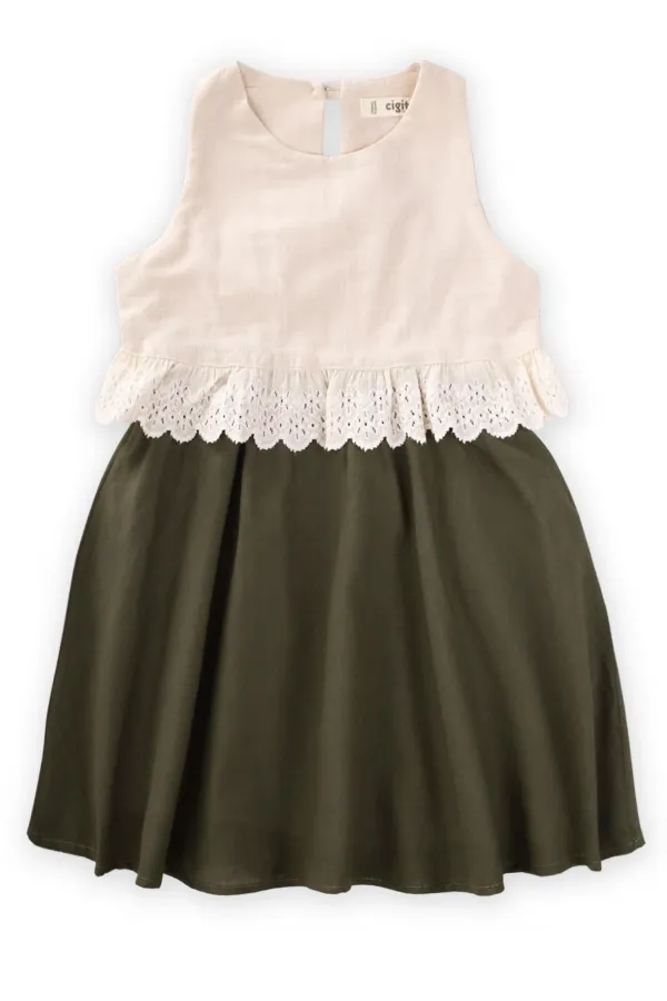 İki Renkli Beli Dantelli Elbise 2-7 Yaş Ekru