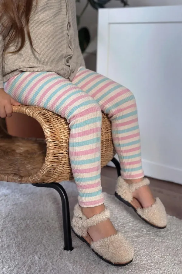 Leggings pour enfants de 2 à 10 ans, rose poudré, rayures bleues