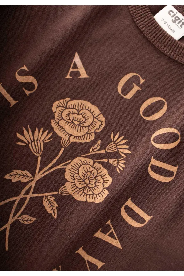 Long-sleeved patterned high-waisted trouser set for ages 2-8, brown.