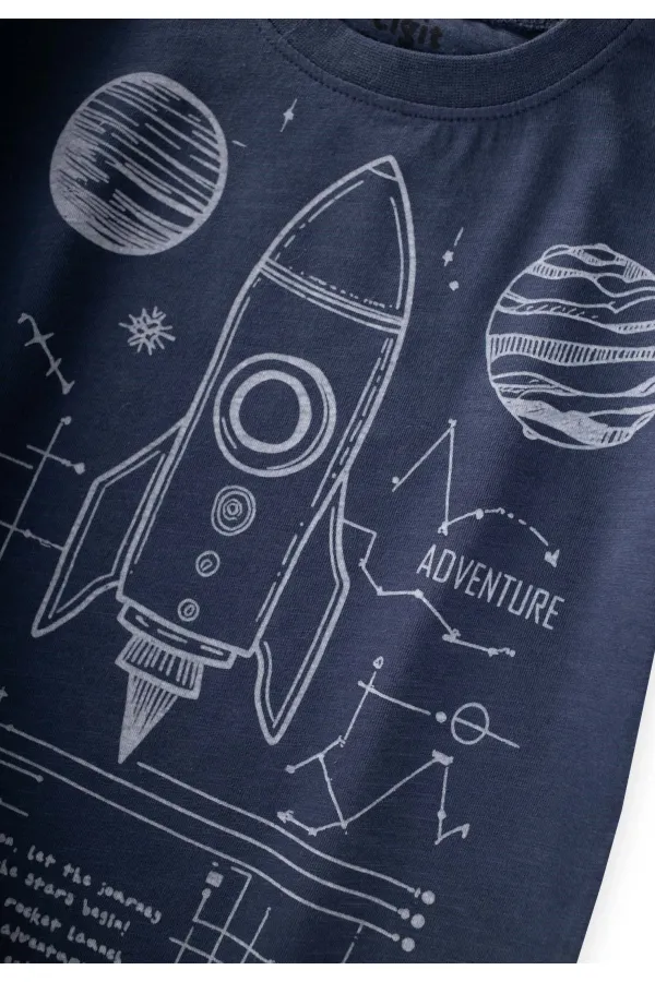 Roket Baskılı T-Shirt 2-12 Yaş Lacivert