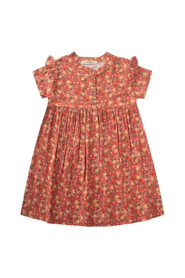 Çiçek Desenli Viskon Elbise 2-10 Yaş Yavruağzı