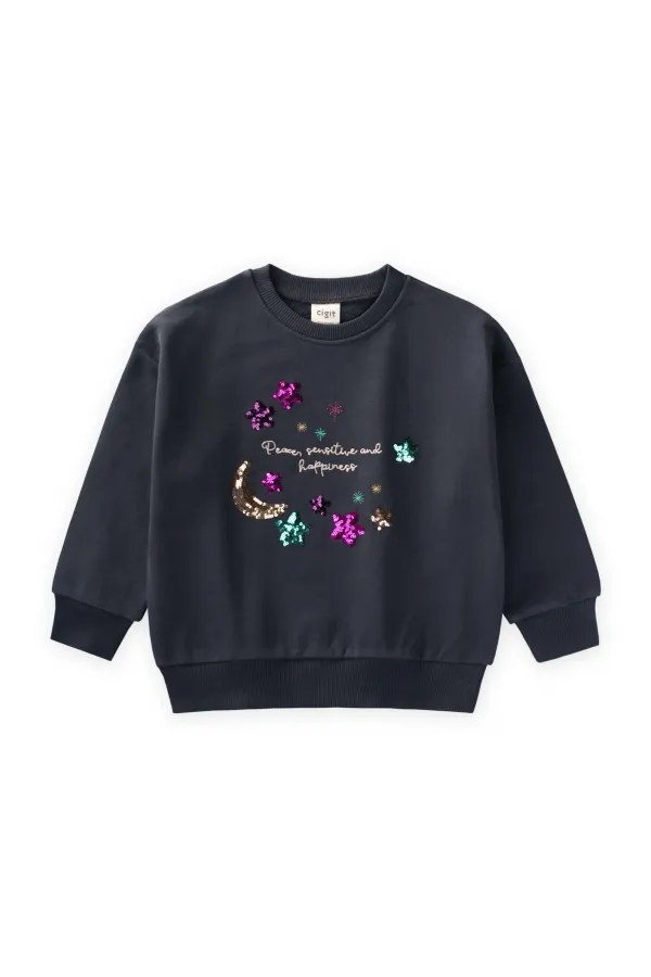 Pullu Ay Yıldız Nakışlı Sweatshirt 2-8 Yaş Antrasit