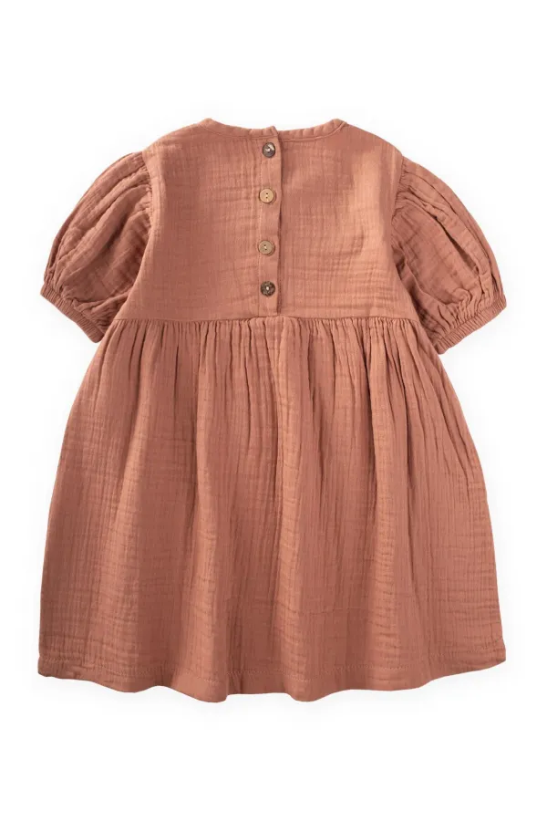 Organic Balon Kollu Müslin Elbise 2-10 Yaş Açık Kahve
